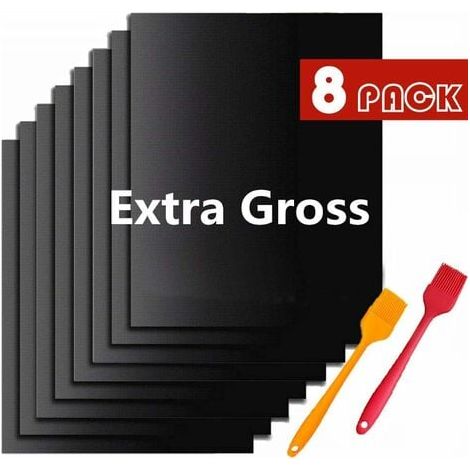 Tapis de Barbecue, Cuisson Mats, Feuilles de BBQ Anti-adhérent, Réutilisable Nettoyable, (8pcs, Noir) 33X40cm + Brosse BBQ2 (1/5)