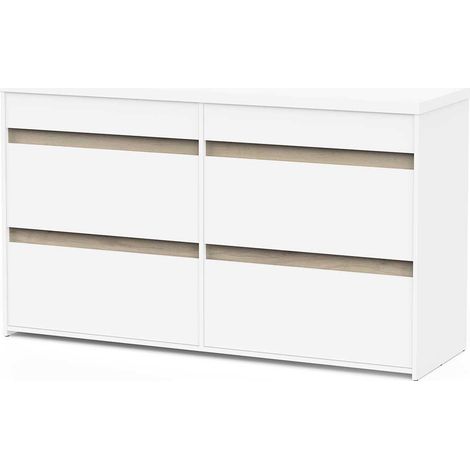 Commode meuble de rangement 6 tiroirs couleur blanc mat / chêne - Largeur 154,5 x Profondeur 50 x Hauteur 89,2 cm (1/5)