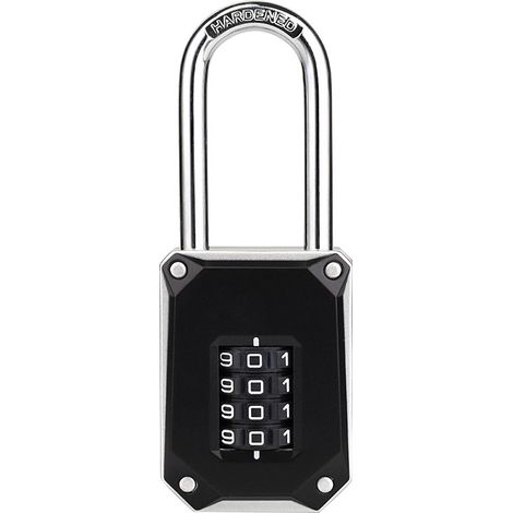 Cadenas à combinaison robuste, cadenas à anse longue, cadenas à 4 chiffres avec grands chiffres blancs et protection anti-réinitialisation, cadenas de salle de sport (Noir/Si) (1/5)