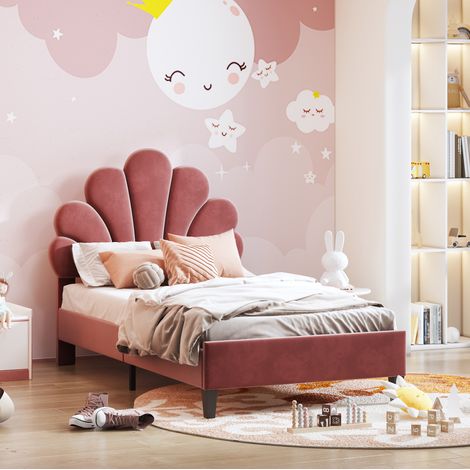 Lit simple capitonné style floral 90x200 cm en velours rouge haricot, avec tête de lit et sommier à lattes (1/5)