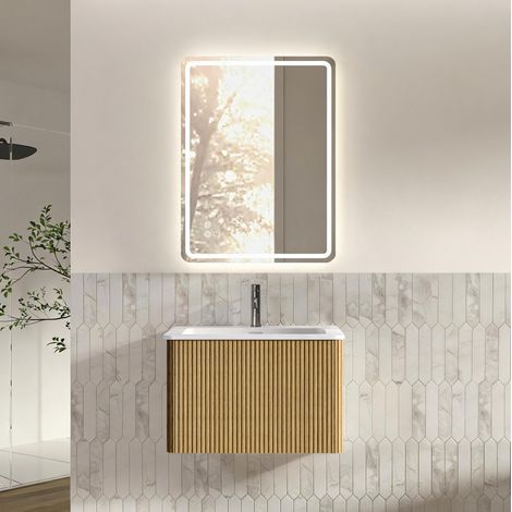 Ensemble meuble de salle de bains suspendu avec miroir LED 60 × 80 cm, lavabo intégré, 1 tiroir, façade cannelée, éclairage réglable et fonction antibuée, CHICFURN (1/5)