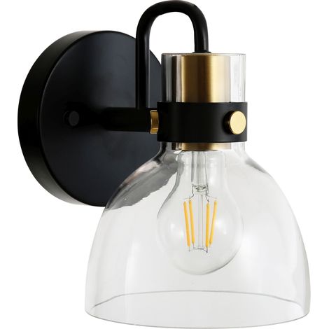 Wandleuchte Glas Metall E27 H: 19 cm in Schwarz Gold Wandlampe