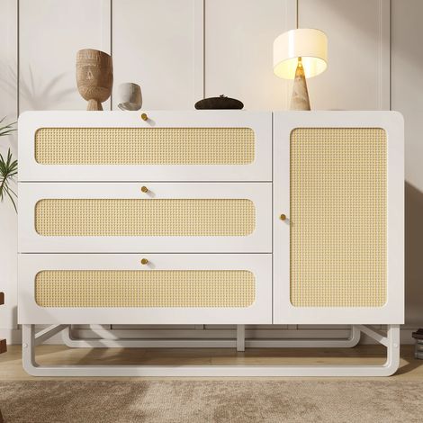 Commode avec Rattan et Poignées en Or,3 Tiroirs + 1 Porte,Étagères Réglables en Hauteur & Anti-chute,Blanc