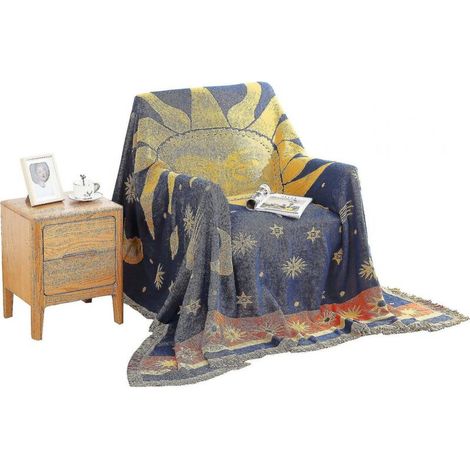 Couverture décorative tissée 100 % coton, serviette de canapé, housse chaude en coton, 130 x 180 cm (soleil, lune, étoiles) (1/5)