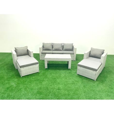 Fimous Rattan Garden Furniture Set 7 Seater Outdoor Garden Sofa 2 Chairs Oblong Coffee Table Set with 2 Stools Light Grey Mixed (1/5)