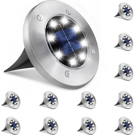 Lot de 12 Lampes Solaires Extérieur IP65, 8 LED, Etanches, en Acier Inoxydable, pour Jardin, Cour, Escaliers, Terrasse, Allée, Paysage, Blanc Froid (1/5)