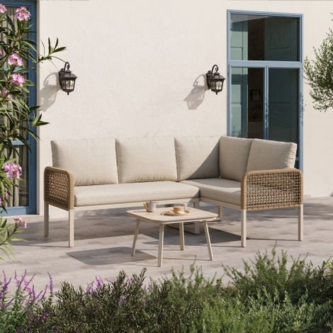 Elegant 4-Seater Outdoor Patio Furniture Set with Wood-Look Glass Table, Weatherproof Sofa and Armchairs for Balcony and Terrace, Beige