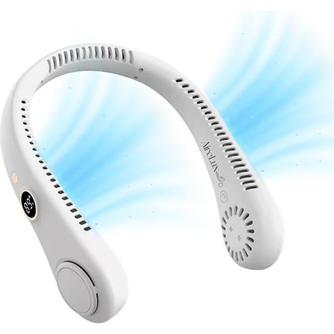 Ventilateur de cou rafraîchissant, 5 vitesses, rechargeable par USB, sans pales, mains libres, portable, léger, silencieux, avec affichage LED, pour une utilisation intérieure et extérieure.