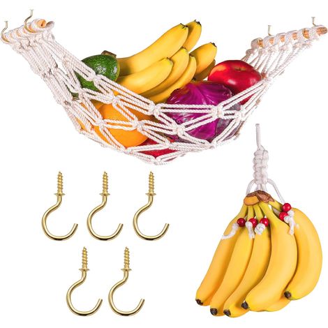 Hamac Pour Fruits - Filet De Rangement Sous Placard En Coton 100 - Pour Bananes Pommes Oignons Patates - Kit Complet Avec Crochets Et Support En Bois - 1 Pièce (1/5)