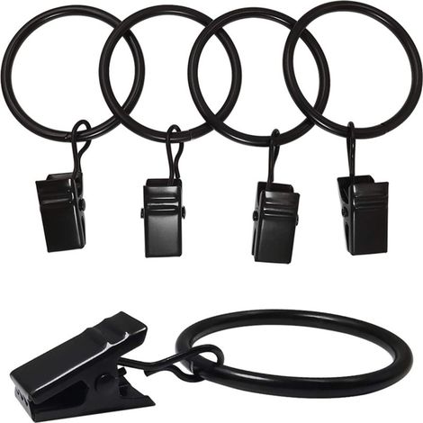 Einfacher Gardinenhaken, schlichtes Design, inklusive 12 schwarzer Gardinenclips, Innendurchmesser 32 mm (schwarz). (1/5)