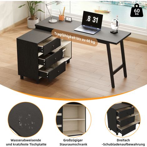 Bureau en forme de L 150 x 100 x 76 cm avec trois tiroirs, deux étagères ouvertes, pieds en tube d'acier, grand plateau, noir et blanc (1/5)