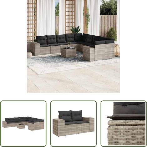 vidaXL Rattanmöbel - 11-tlg. Garten-Sofagarnitur mit Kissen Hellgrau Poly Rattan (1/5)