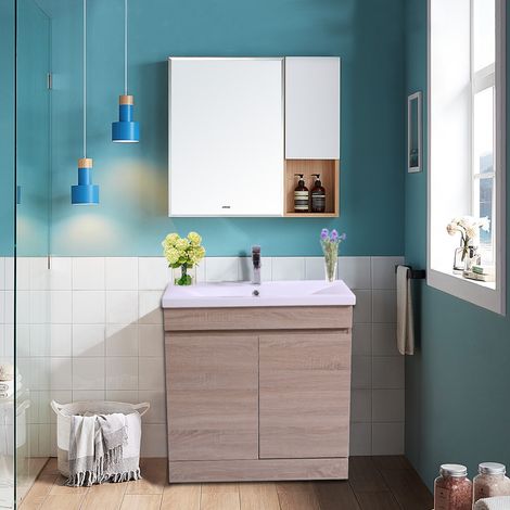 Oak Bathroom Vanity Sink Unit Basin Storage Cabinet Floor Standing Furniture 800mm (1/5)