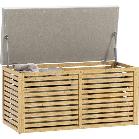 Banc de rangement, coffre de rangement rembourré en tissu aspect lin, couvercle et structure en bambou, gris et naturel