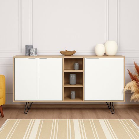 Credenza Arlene, Madia 4 Ripiani, 3 Ante, 7 Vani, 142x36x83h cm Marrone Quercia (1/5)