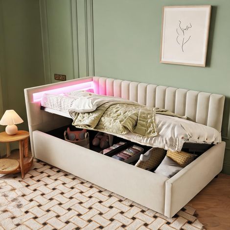 Cadre de lit beige en upholstered 206 x 95 x 68,5 cm (1/5)