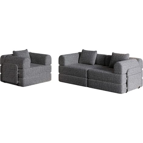 Canapé-lit 1 place gris en tissu, convertible avec rangement d’accoudoir, structure acier, base antidérapante et modules combinables pour petit espace CHICFURN (1/5)