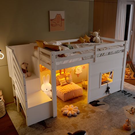 MEUBLIV Cama alta 90x200 cm blanca – con escalera de almacenamiento, sin colchón (1/5)