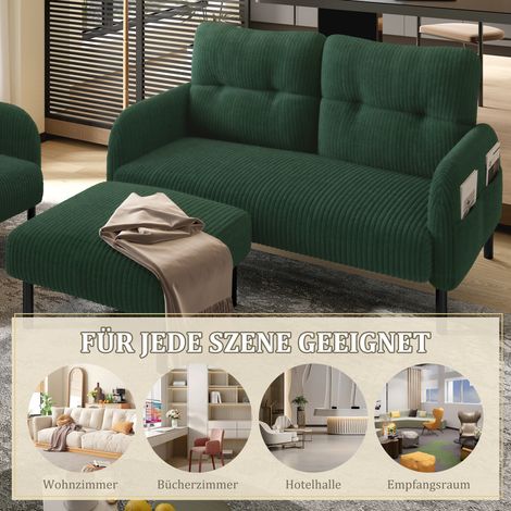 Lot de 3 fauteuils, pouf et canapé 2 places avec poche latérale, piètement en acier, dossier ultra-doux, assise profonde pour confort maximal, modulable pour salon, vert émeraude (1/5)