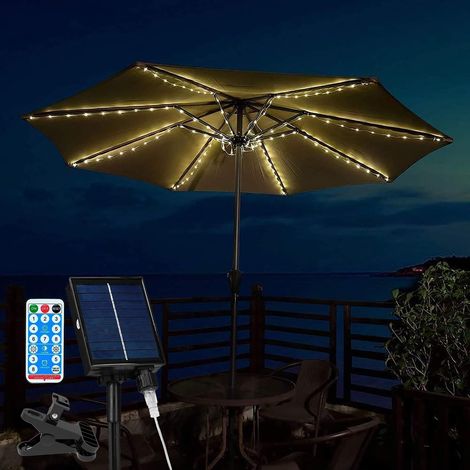 Guirlande lumineuse solaire pour parasol avec télécommande, étanche, 104 LED, 8 modes d'éclairage à intensité variable, pour jardin, terrasse, cour et piscine (Blanc chaud) (1/5)