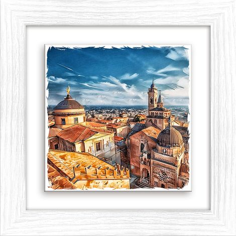 Lupia - Quadro moderno con paesaggi e localismi italiani, Ceramica e Stampa Rilievo, Cornice Legno Shabby Modern bianca, Decorazione Parete, Quadretti Soggiorno, 29x29 cm, BERGAMO SANTA MARIA MAGGIORE (1/4)
