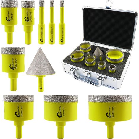 Foret Diamant Kit Trepan Carrelage - 10pcs (6/6/8/20/25/35/45/50/65mm+50mm Mèches de Chanfrein) Scie Cloche avec Tige Triangulaire pour Carrelage Céramique Porcelaine Marbre Granit (1/5)