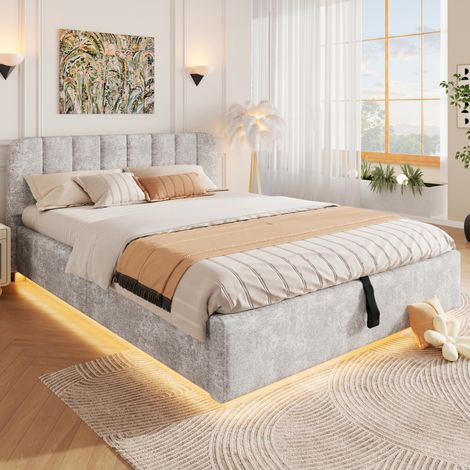 Letto imbottito 140/200 cm grigio in ciniglia, con contenitore idraulico e LED (1/5)