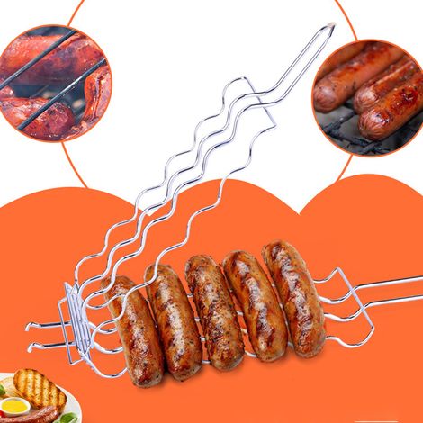 Panier de cuisson pour barbecue, 6 hot dogs, support en métal pour saucisses, grille maille, accessoire de pique-nique et cuisine (1/5)