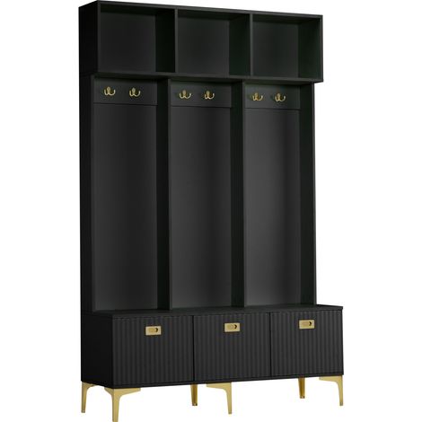 Recibidor con banco, negro, 120 x 23,5 x 191,5 cm, 6 ganchos dorados (1/5)
