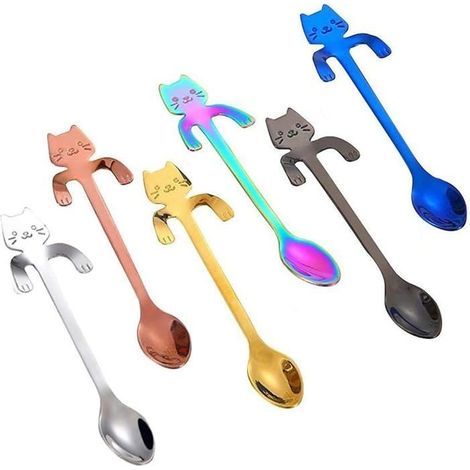 Set di 6 cucchiaini da caffè/tè in acciaio inox, con simpatici mini cucchiaini pendenti a forma di gattino, ideali per tè e dessert, 6 colori (1/5)