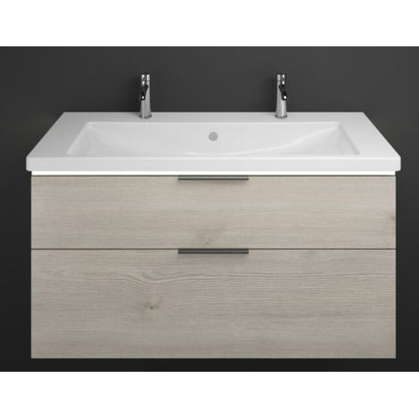 Burgbad Eqio Keramik-Doppelwaschtisch mit Unterschrank, 2 Auszüge mit LED-Beleuchtung, Griffleiste Eiche Dekor Flanelle/Alpinweiss 123 cm Schwarz matt (1/2)