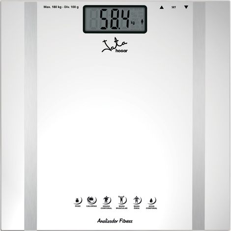 ANALIZADOR CORPORAL 6 FUNCIONES BLANCO ALUMINIO 180 KG
Bscula capacidad 180 kg. Graduacin 100 g.
Analiza: Masa muscular Agua corporal Grasa corpor (1/2)