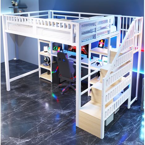 Cama alta 140x200 cm con escritorio, almacenaje, LED y puertos USB, metal y madera blanca (1/5)