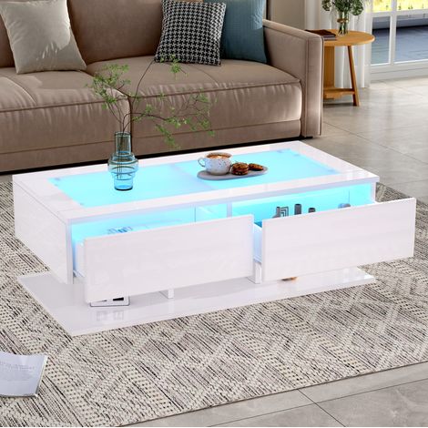 Table basse 100x50x35 cm blanche en panneaux de particules avec verre trempé, 2 tiroirs et éclairage LED (1/5)