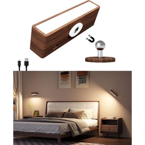 Lampe Murale Sans Fil Rechargeable USB,Applique Murale Intérieure Bois,Réglage de La Luminosité Applique Sans Fil Chambre,Lampe de Chevet Tactile,Adhesive Mounting (1/5)