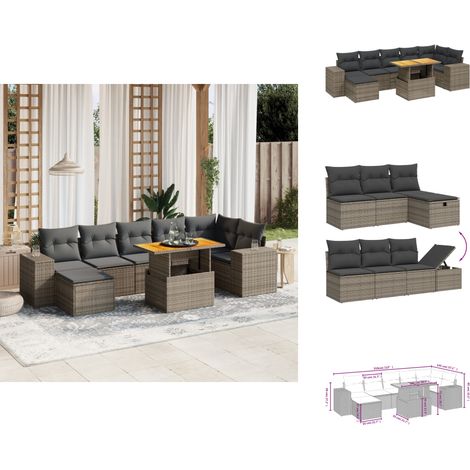 Salon de jardin 8 pcs avec coussins gris résine tressée - Ensemble Salon De Jardin - Mobilier Extérieur - Résine Tressée - Rotin Synthétique - Table Extensible (1/4)