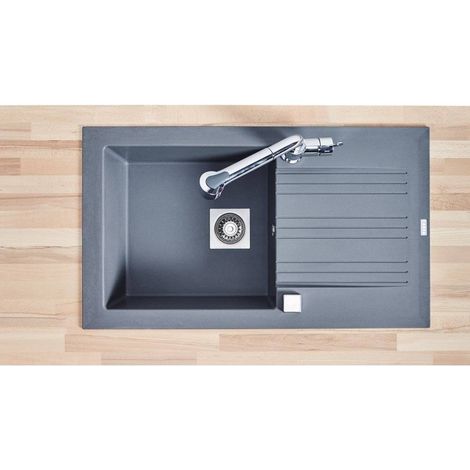 Carea Cuisine & Bain – Évier à encastrer 1 bac gris – Carealith® résistant à la chaleur jusqu'à 300°C – Système de vidage automatique – Dimensions 86x50x18 cm (1/2)