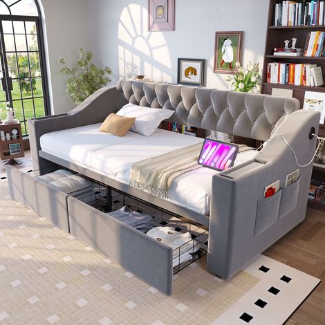 Canapé convertible 90x190 avec tiroirs, velours gris HAVRYA (1/5)