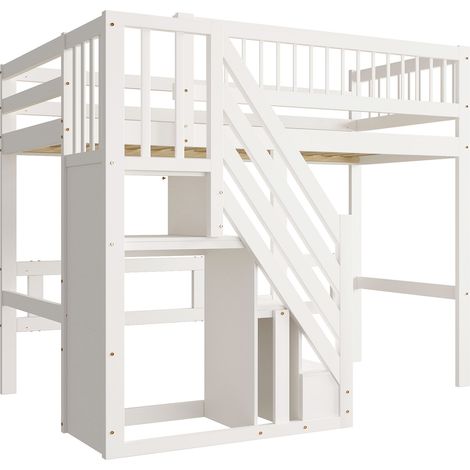 Cama cabaña infantil 90 x 200 con escalera de almacenamiento, blanca (1/5)