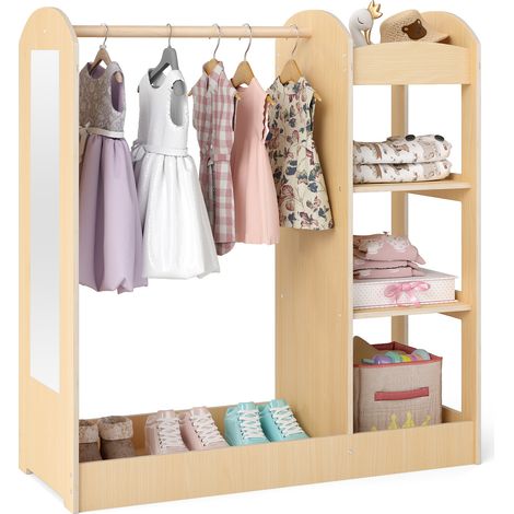COSTWAY Kids Dress Up Storage Play Armoire Dresser Wardrobe-Natural (1/5)