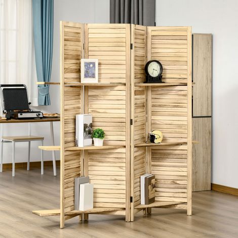 Mampara interior de 4 paneles con 3 estantes plegables y puertas con celosía, fabricada en madera de paulownia con acabado de pino tratado a presión.