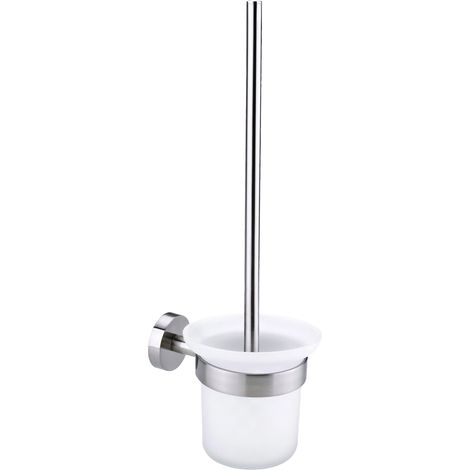 Escobillero y soporte para inodoro, juego de escobillero para baño con mango de acero inoxidable y cuenco de vidrio templado, cepillo de cerdas suaves autoadhesivo para montaje en pared, color platead (1/4)
