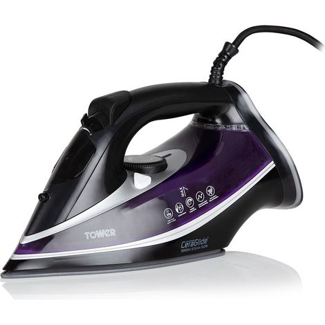 Tower T22013PR CeraGlide Ultra-Speed Steam Iron with Variable Steam Function, Anti-Calc, Anti-Drip and Self-Cleaning, Purple, 3100 W, Black and Purple (1/6)