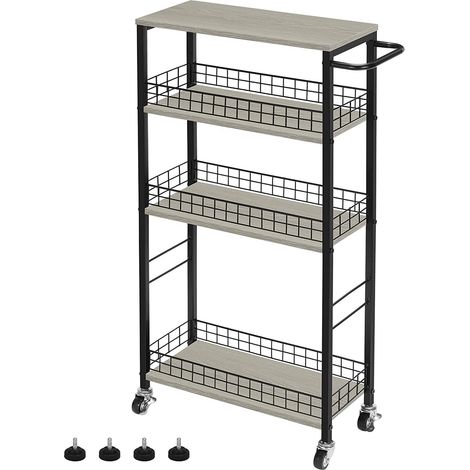 Chariot de cuisine étroit à 4 niveaux avec plateau en bois - Chariot de rangement multifonction avec roulettes (l x P x H) : 42 x 18 x 88 cm - Facile à monter - Pour cuisine, salle de bain, salon (1/5)
