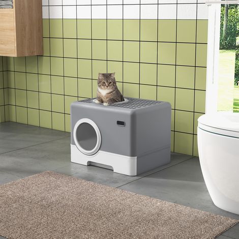 Bac à litière pour chat avec couvercle et pelle. Double entrée et plateau amovible. 52 x 41 x 38,5 cm. Gris.