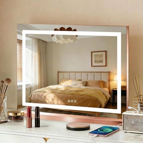 Miroir de maquillage Hollywood avec éclairage, 3 réglages de température de couleur, miroir cosmétique pour coiffeuse de salle de bain, miroir mural grossissant 10x, 80 x 60 cm, or rose (1/5)