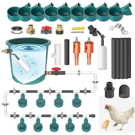 Abreuvoir Automatique Pour Poules Avec 9 Coupelles, Valve à Flotteur Et 10 Tubes D'eau, Accessoires Pour Poussins, Lapins, Canards (Sans Seau) (1/5)
