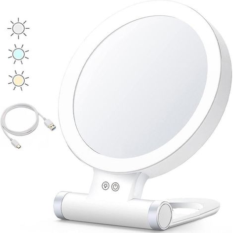 Miroir de maquillage pliable double face grossissant 1X/30X avec 3 lumières de couleur (1/5)
