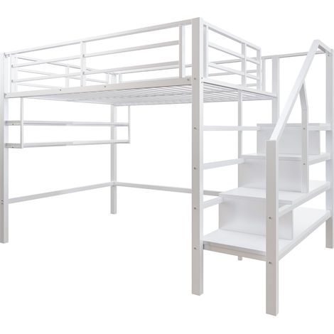 Kinder-Hochbett 140 x 200 cm aus Metall und MDF weiß mit Stauraumtreppe (1/5)