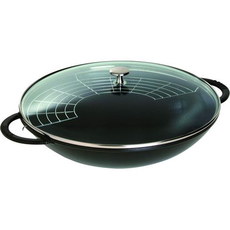 Wok en Fonte avec Couvercle en Verre et Grille Amovible Inclus, Ø 37 cm, 5,7 L, Noir Mat (1/5)